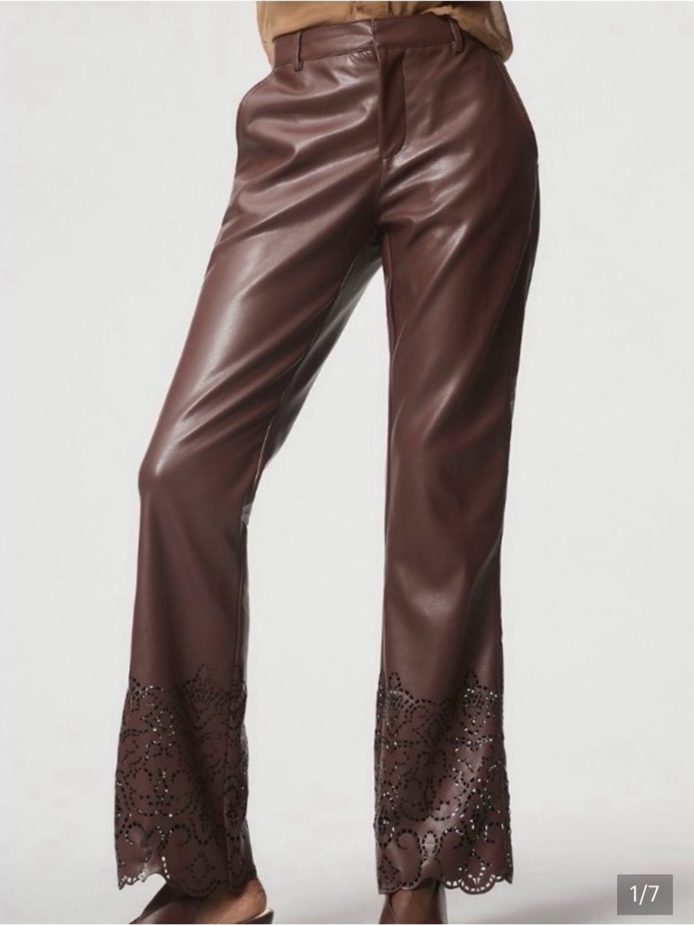 Anthropologie Chocolate Brown Faux Leather Wide-Leg Pants with Laser-Cut Hem